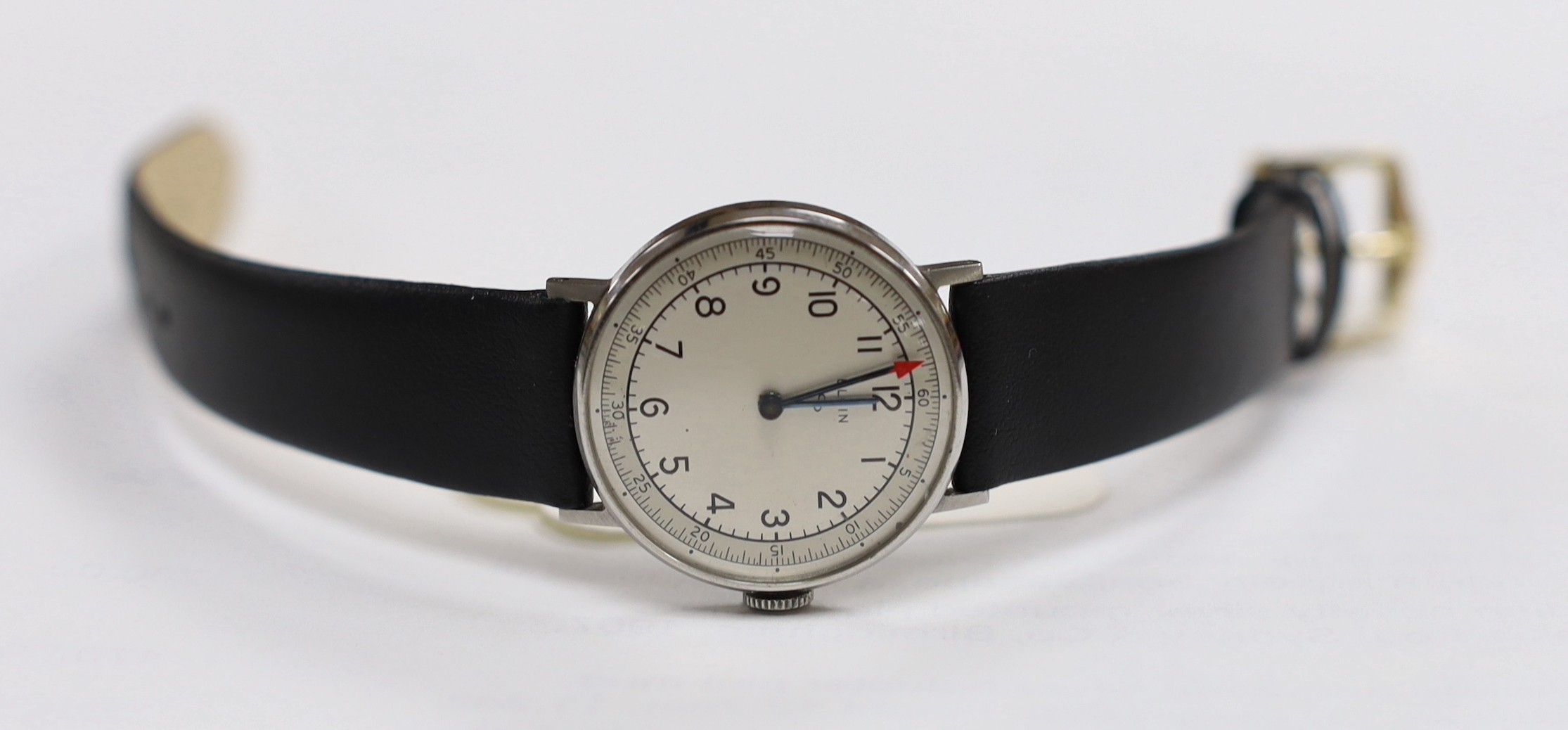 A gentleman's WWII stainless steel Elgin military wristwatch, the case back engraved 'Major J.M. Kelly US Marines, with Arabic dial, case diameter 30mm, on later associated leather strap.